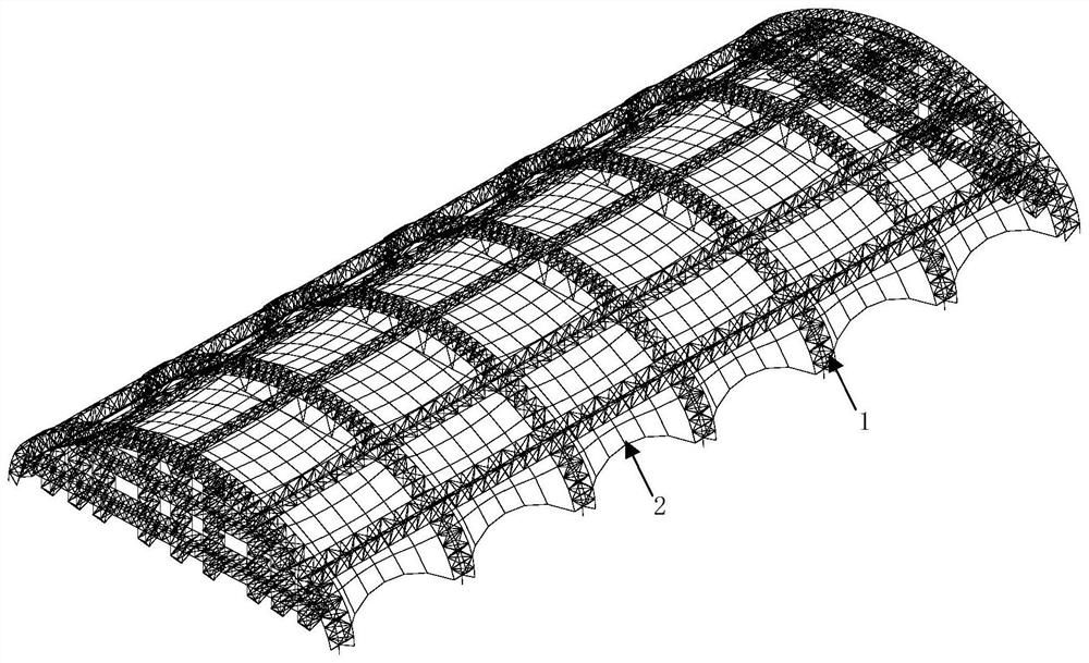 Exposed prestressed truss supporting cable net dry coal shed