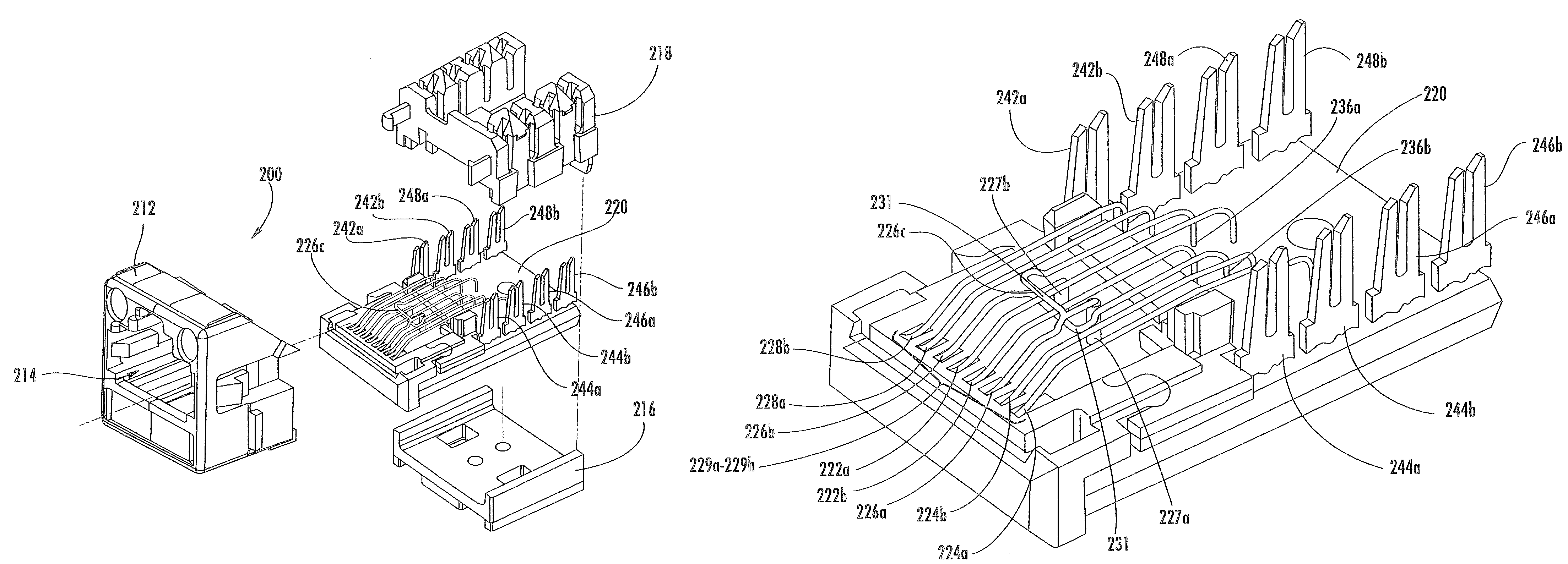 Communications jacks with compensation for differential to differential and differential to common mode crosstalk