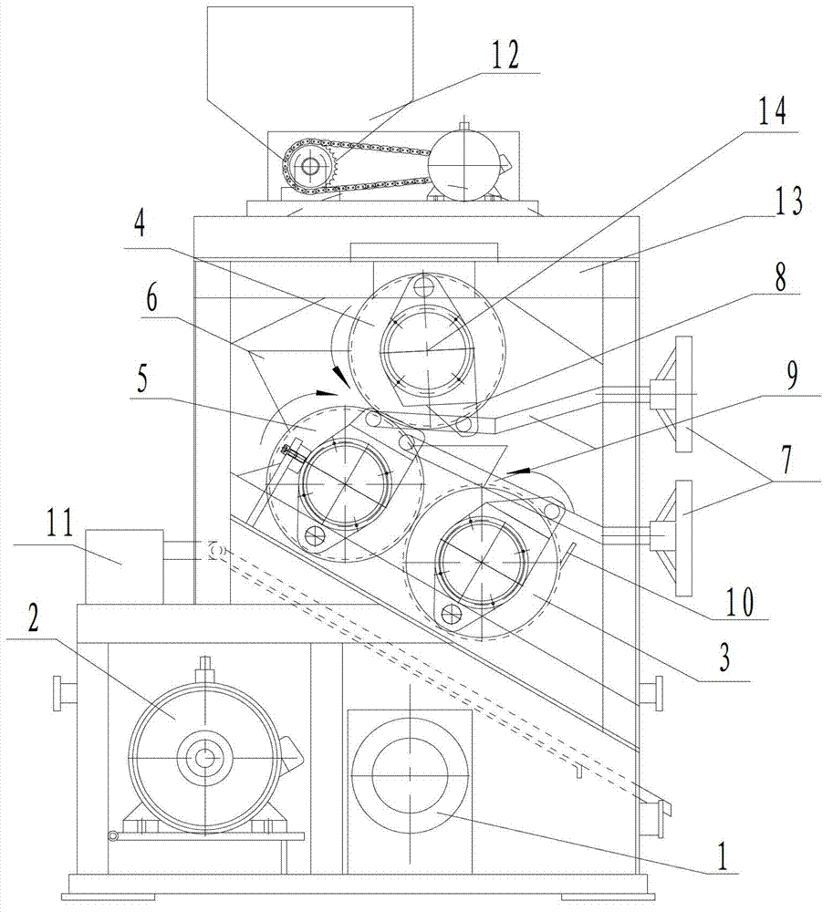 Vertical type material-falling-preventing three-roll grinder and material grinding method