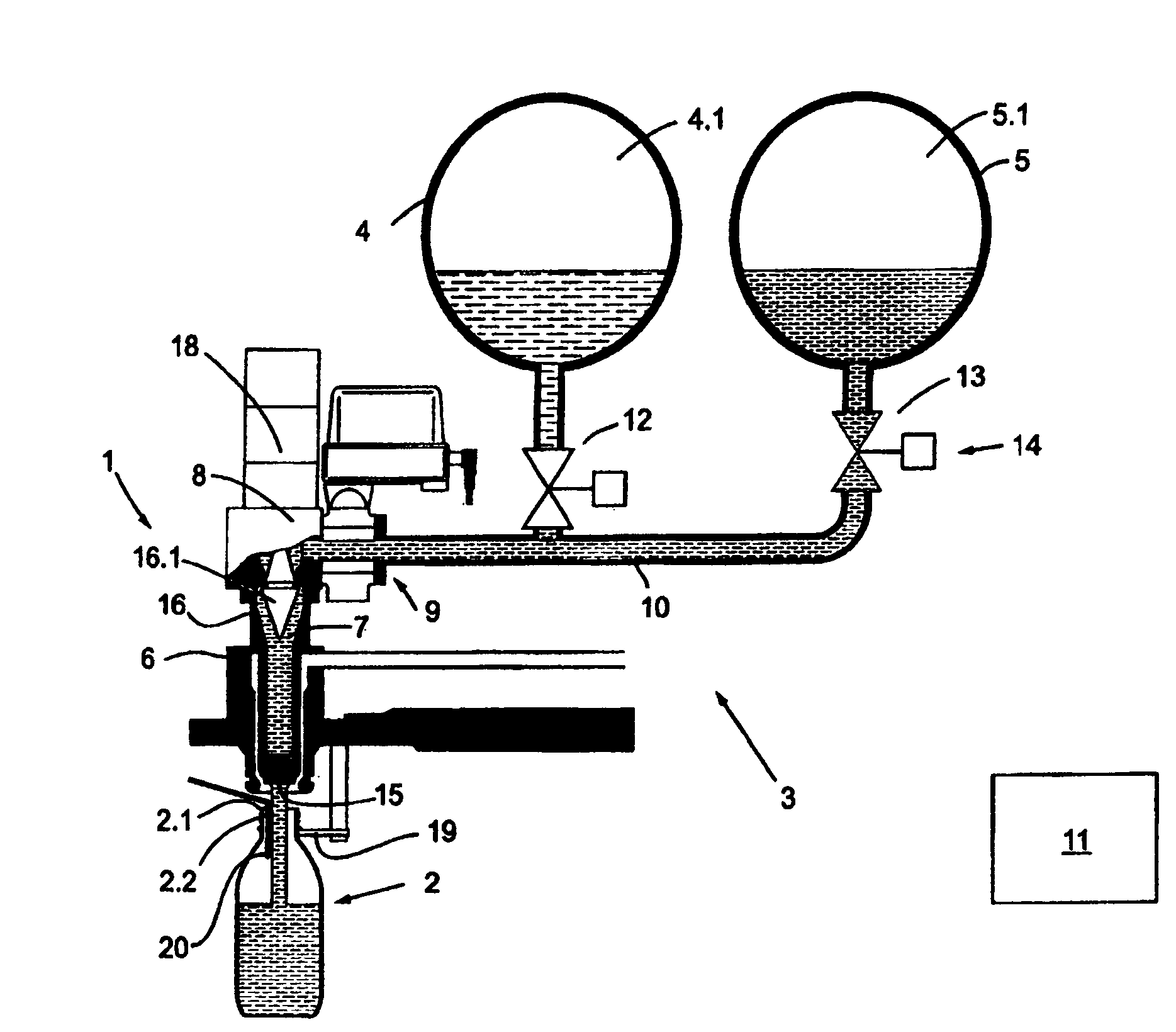 Method and apparatus for filling beverage bottles, in a beverage bottling plant, with a beverage material comprising a carbonated water component and a liquid flavoring component, and method and apparatus for filling containers, in a container filling plant, with a material comprising a first ingredient and a second ingredient