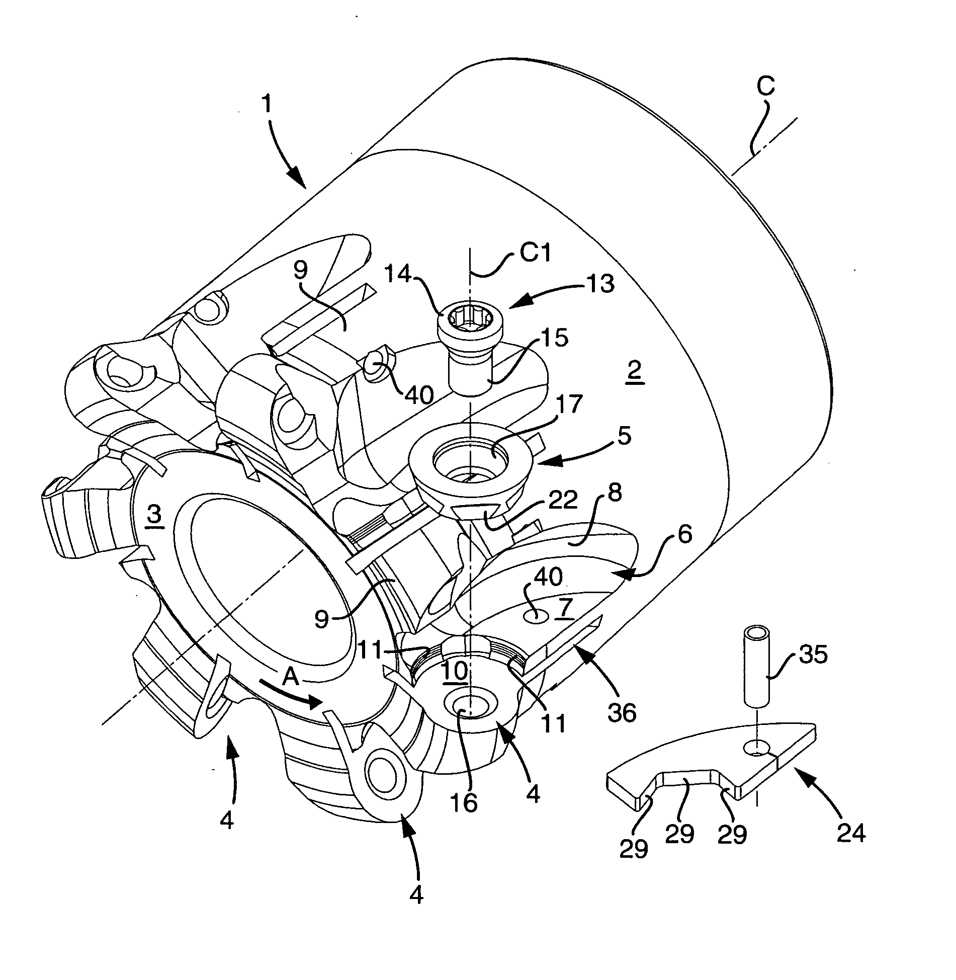 Tool for chip removing machining, and a basic body and a lock member therefor