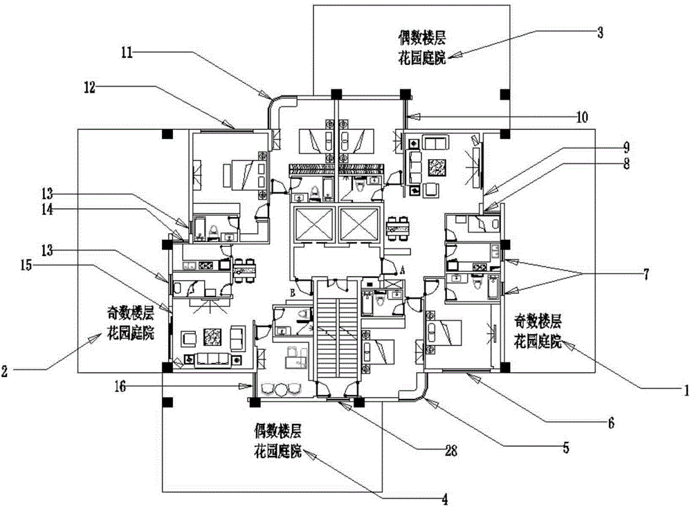 Garden building in urban forest and building group