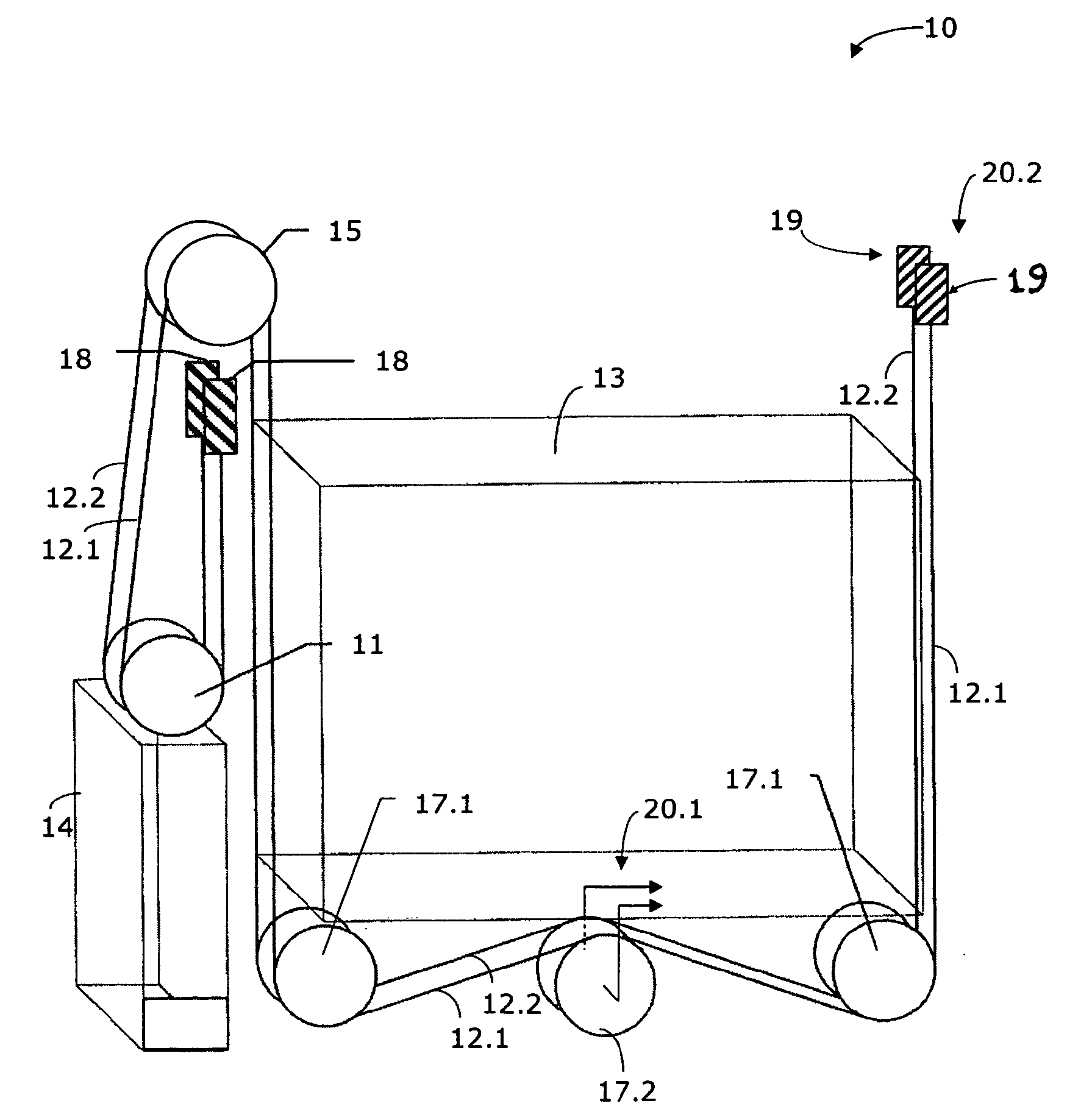 Installation with belt-like drive means and method for transmission of electrical energy or signals in such an installation