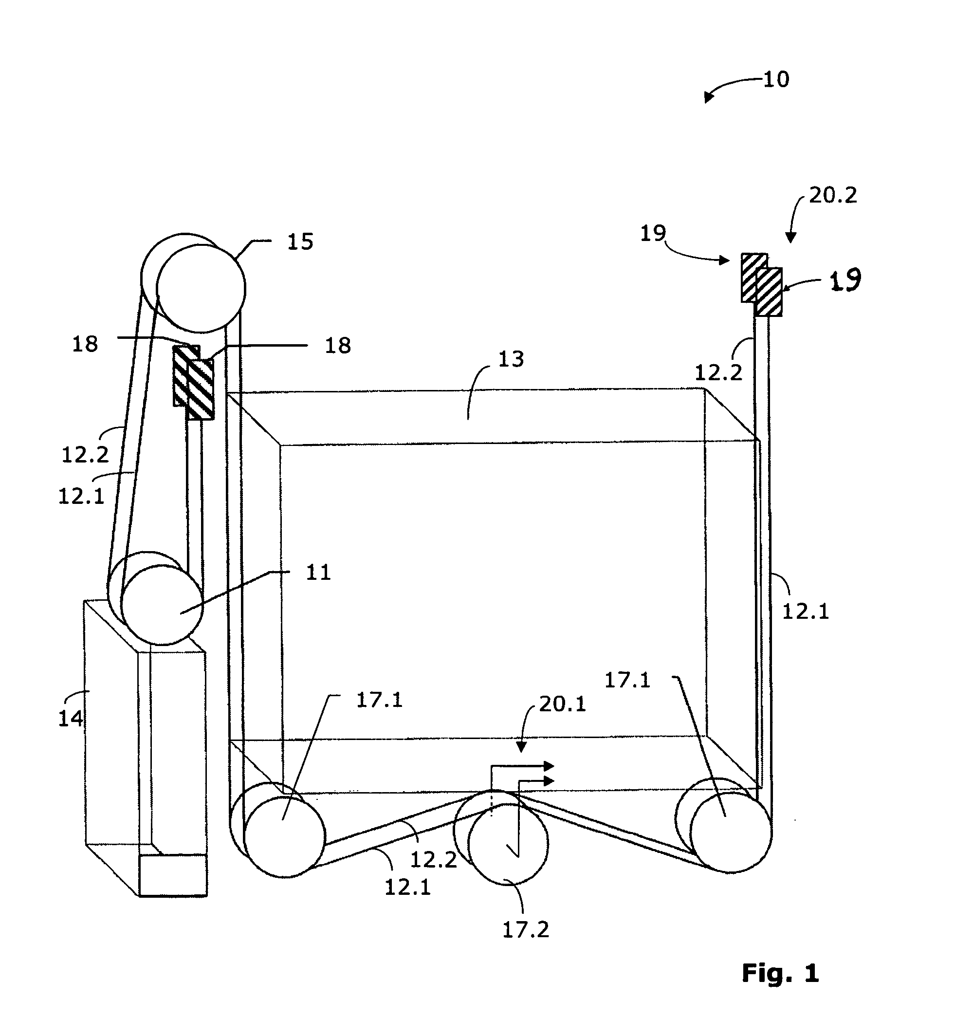 Installation with belt-like drive means and method for transmission of electrical energy or signals in such an installation