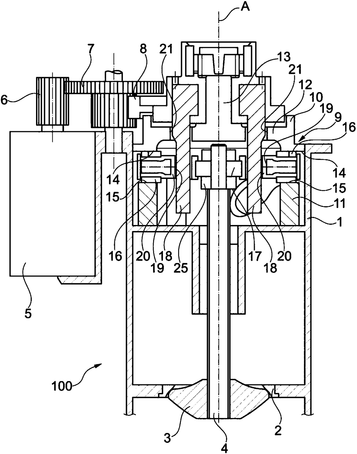 Device for converting a pivoting movement of a pinion into a movement in translation of a slide and valve comprising such a device