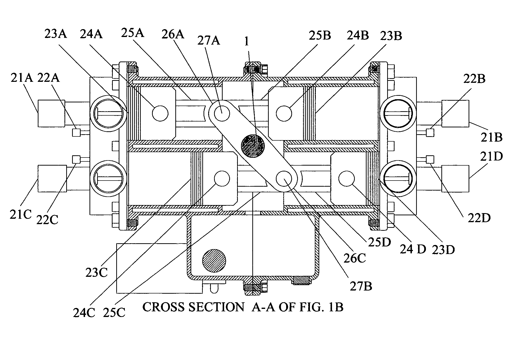 Four-cylinder, four-cycle, free piston, premixed charge compression ignition, internal combustion reciprocating piston engine with a variable piston stroke