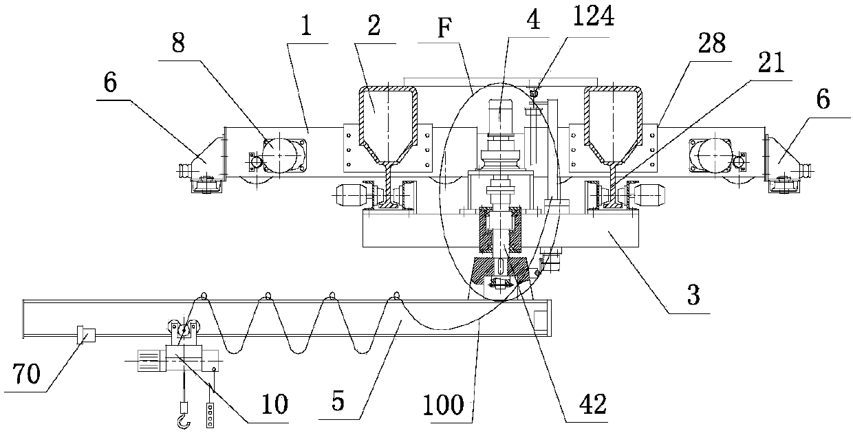 Anti-tipping cantilever crane with hung end beam trolley and balanced end beams