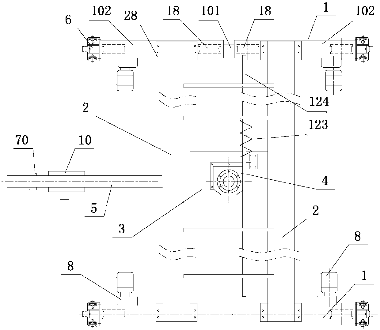 Anti-tipping cantilever crane with hung end beam trolley and balanced end beams