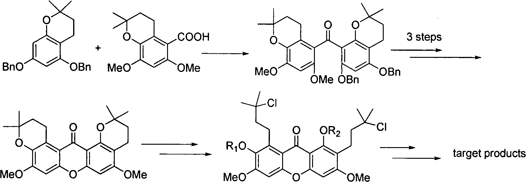 Total synthesis method of mangostin