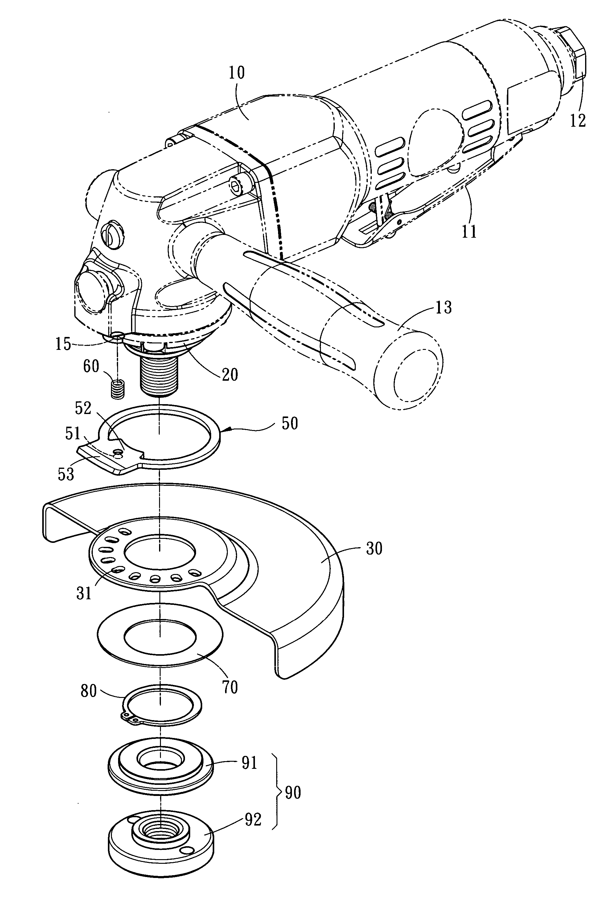 Rotary protecting hood of a pneumatic grinder