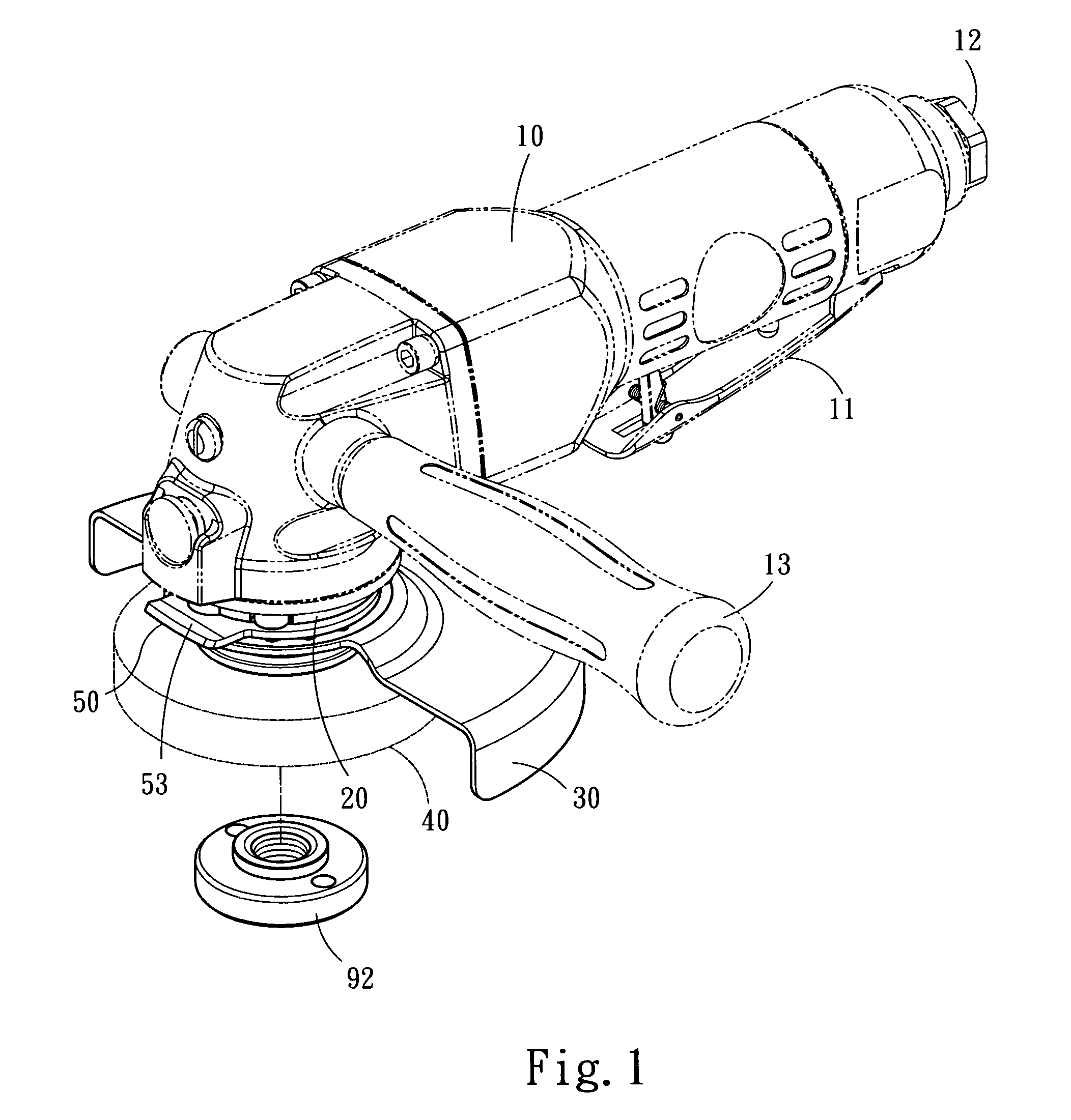 Rotary protecting hood of a pneumatic grinder