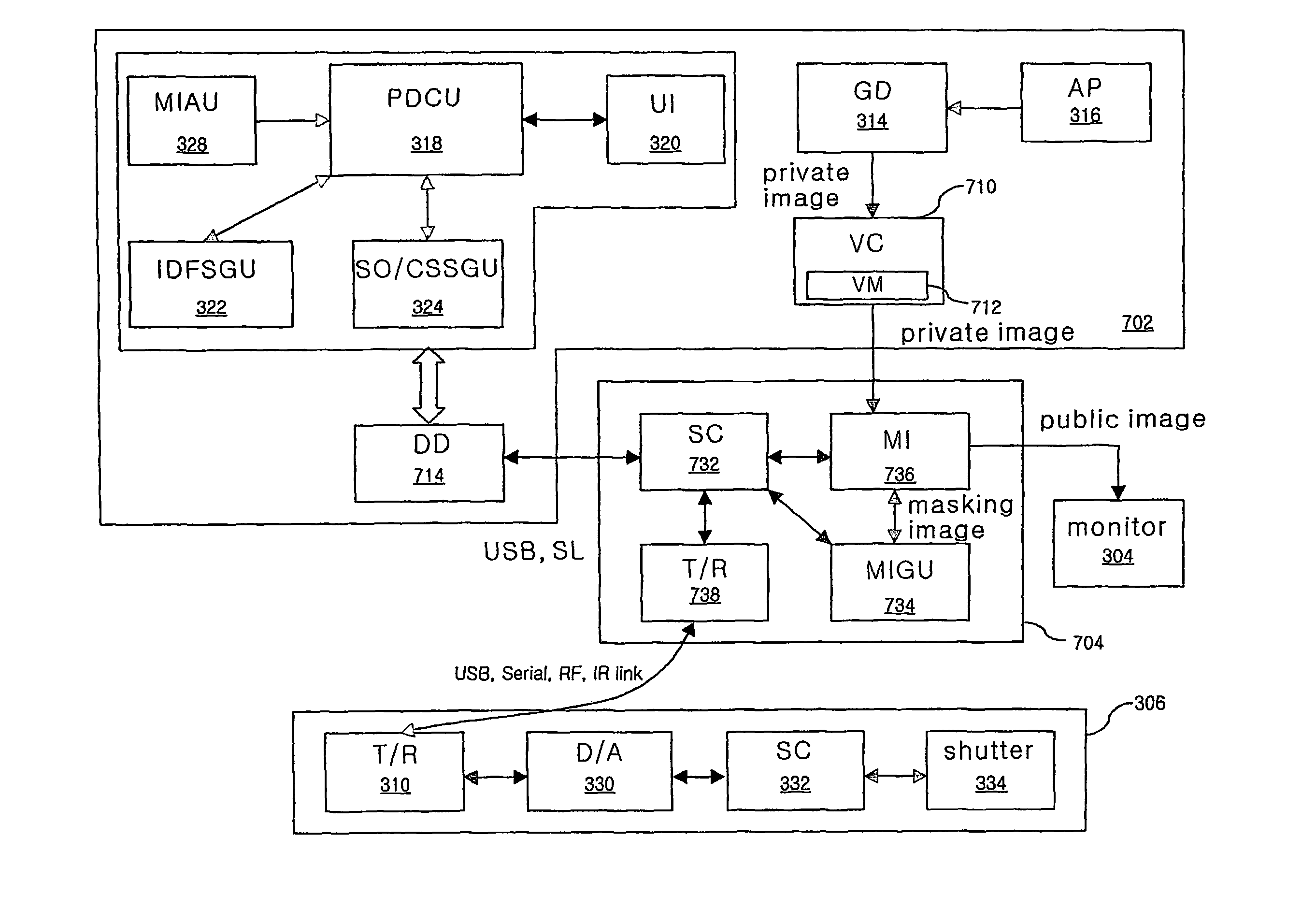 Device and method for outputting a private image using a public display