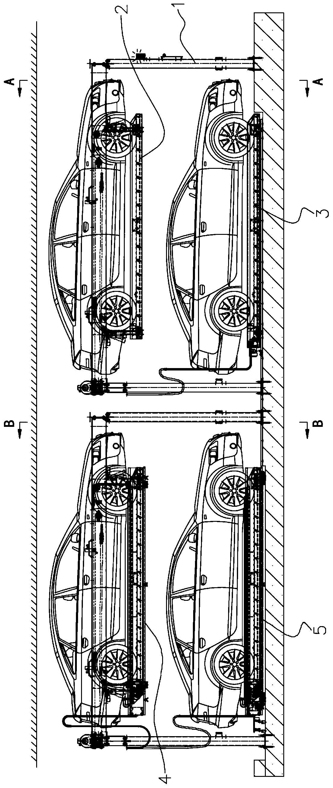 Rearrangement longitudinal delivery lifting and transversal moving parking equipment