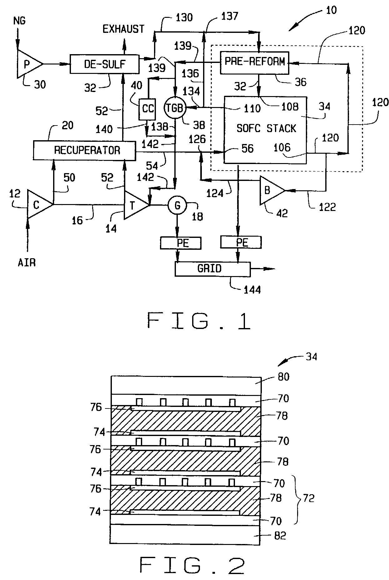 Integrated fuel cell hybrid power plant with re-circulated air and fuel flow