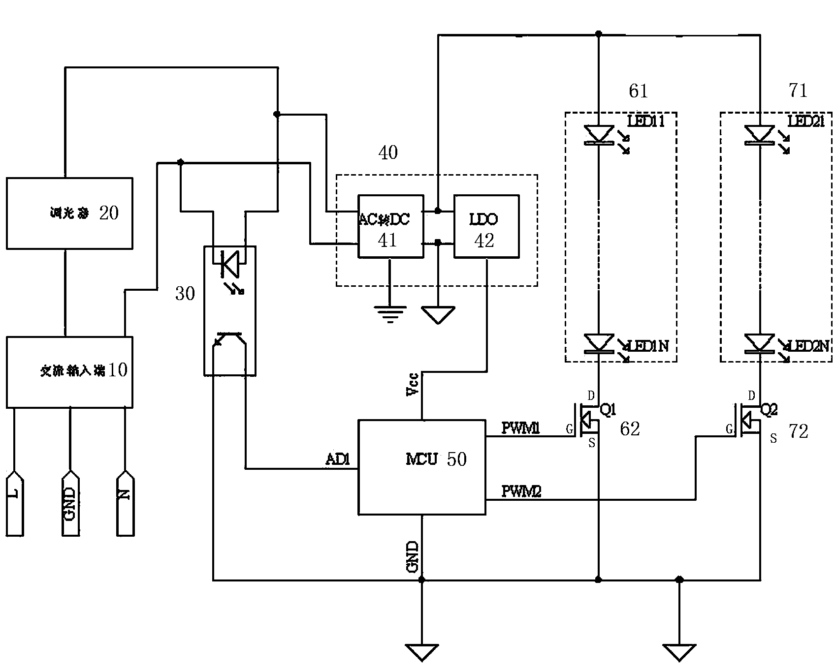 LED light-emitting device achieving color and light adjustment through light regulator and method