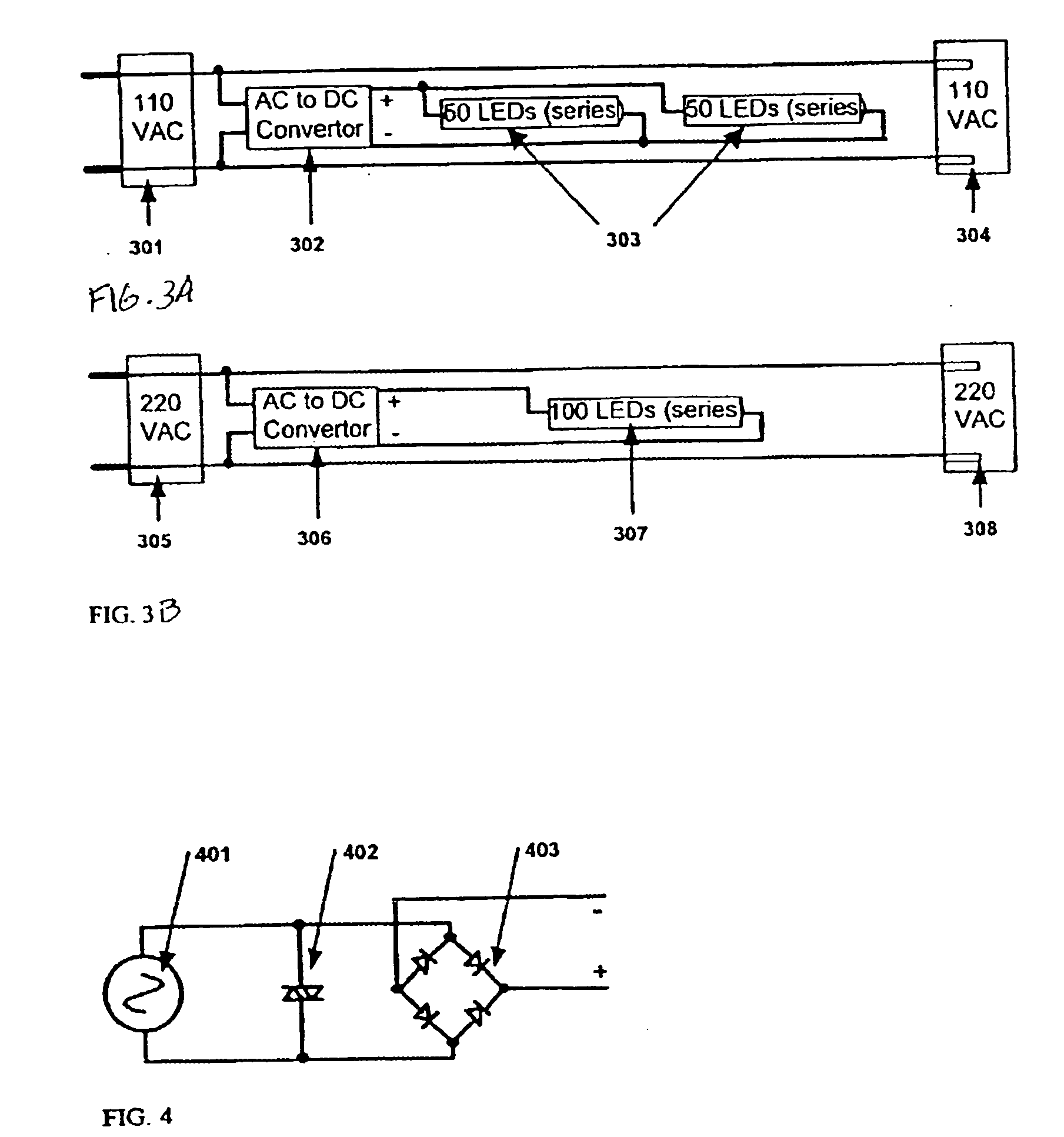 LED lights with matched AC voltage using rectified circuitry