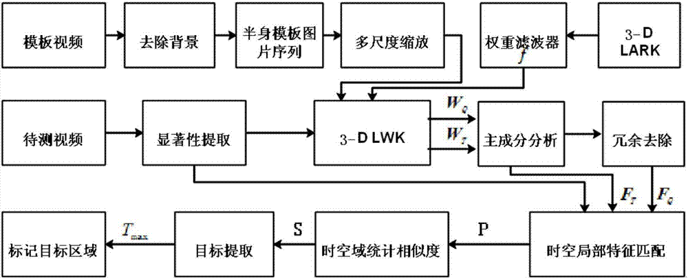 Moving target detection method based on time-space domain statistical matching of local features