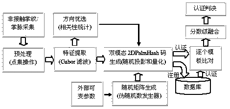 Non-contact revocable palm print bimodal authentication method