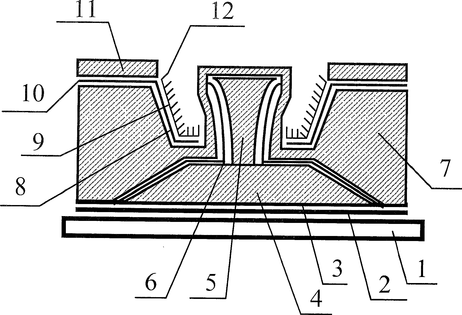 Flat-panel display device with side gate-modulated round-top cathode type emitting structure and its preparing process