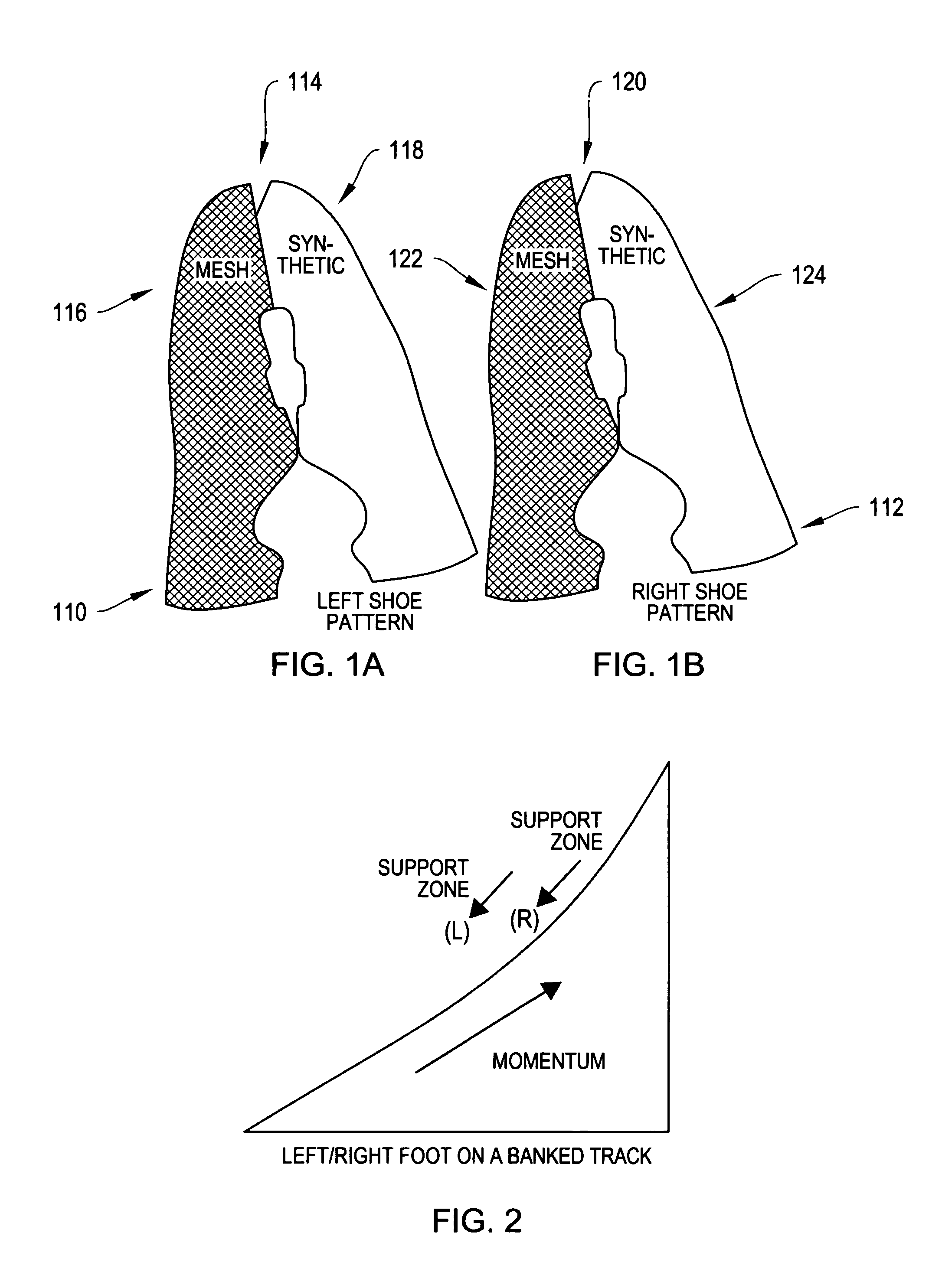 Pair of athletic shoes with asymmetric support between the uppers of the pair