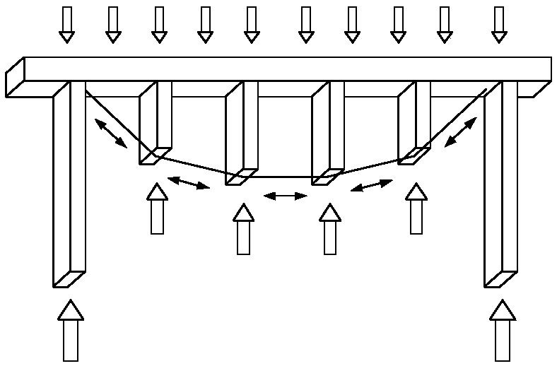 Prestressed fish belly sill with length-adjustable stay bars for retaining and protecting for deep foundation excavation