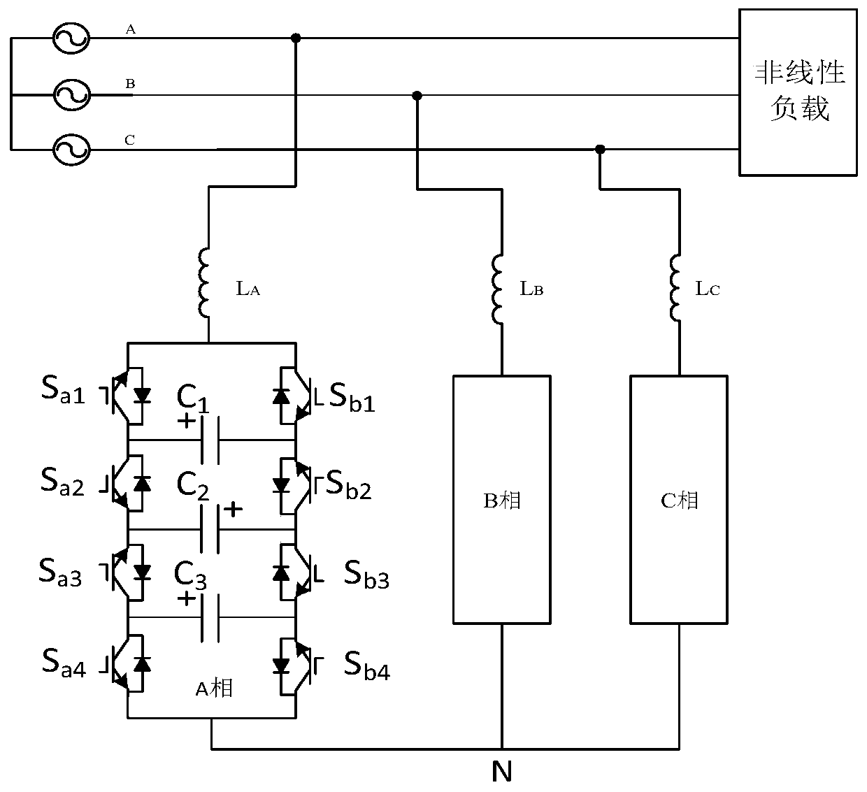 Active power filtering system based on seven-level converter and compensation method thereof