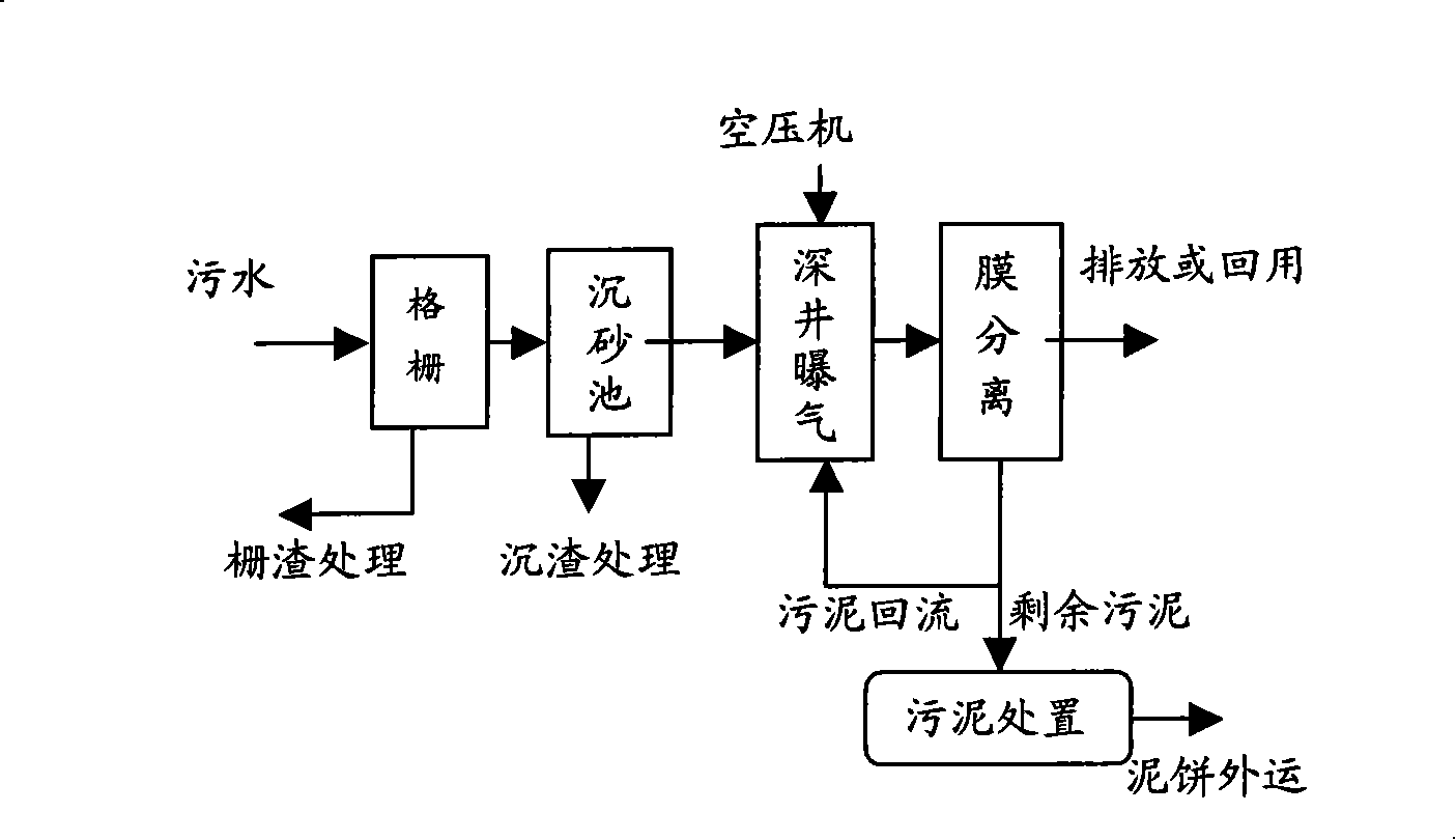 Deep well aeration film bioreactor waste water treatment process and apparatus