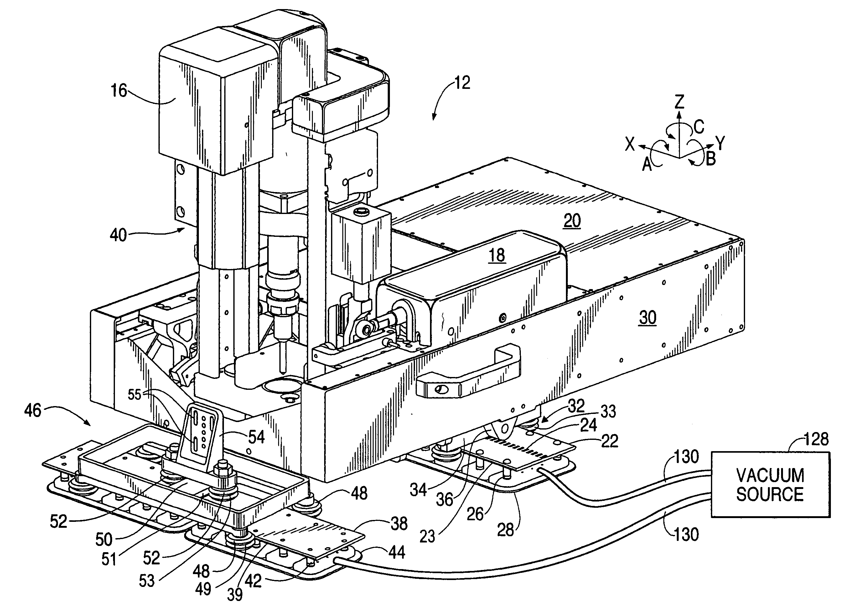 Flexible rail multiaxis machine tool and method