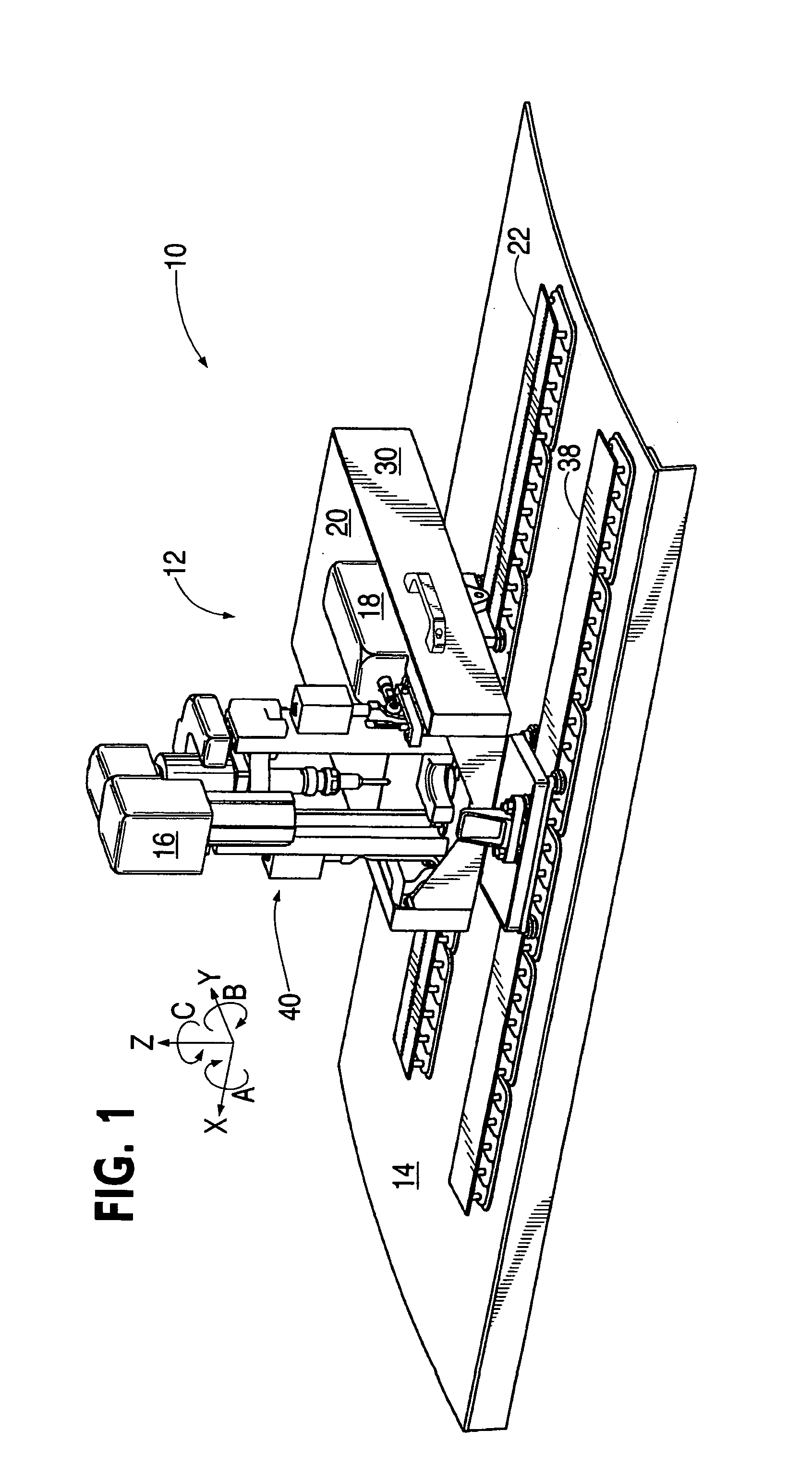 Flexible rail multiaxis machine tool and method