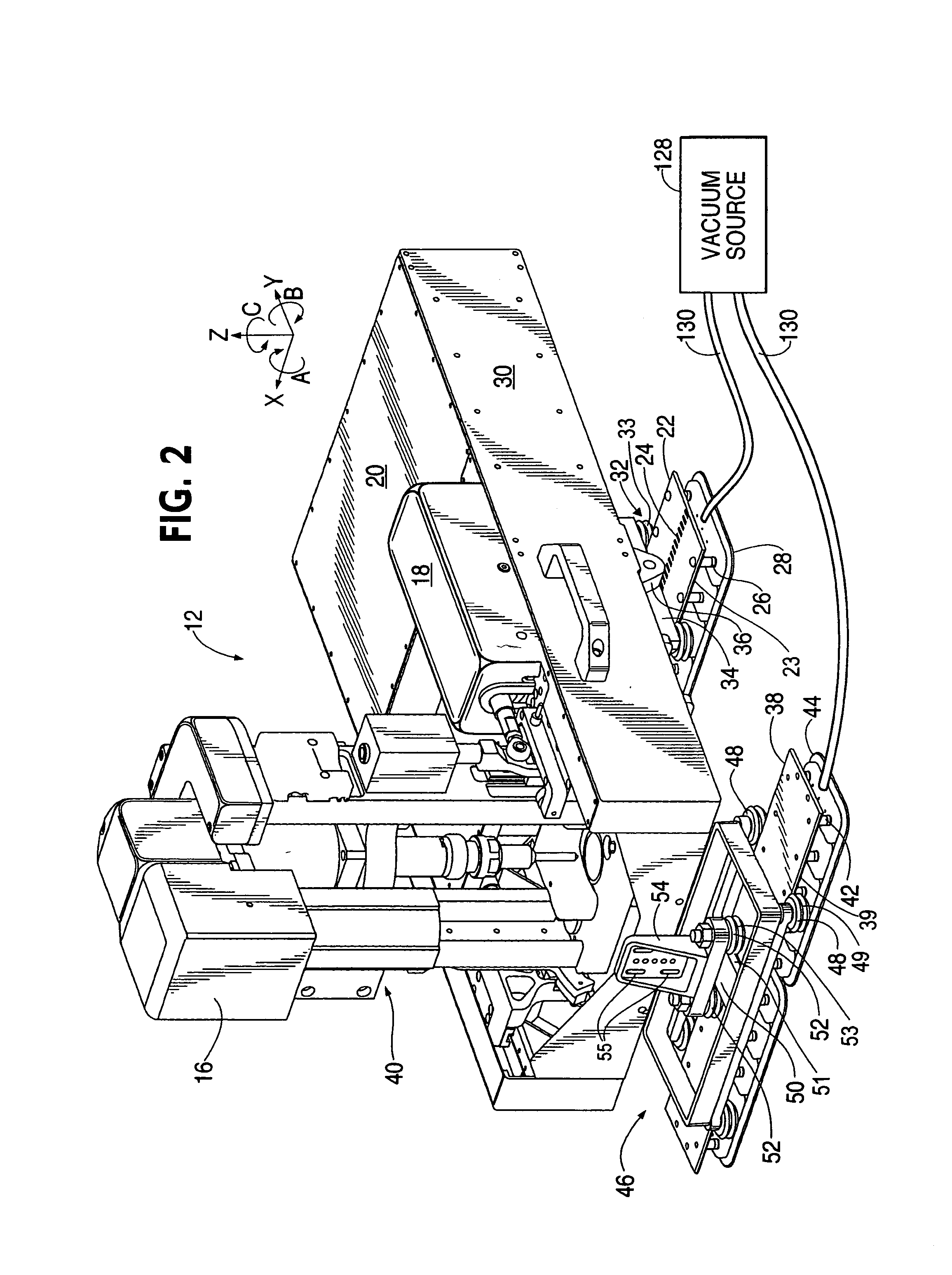 Flexible rail multiaxis machine tool and method