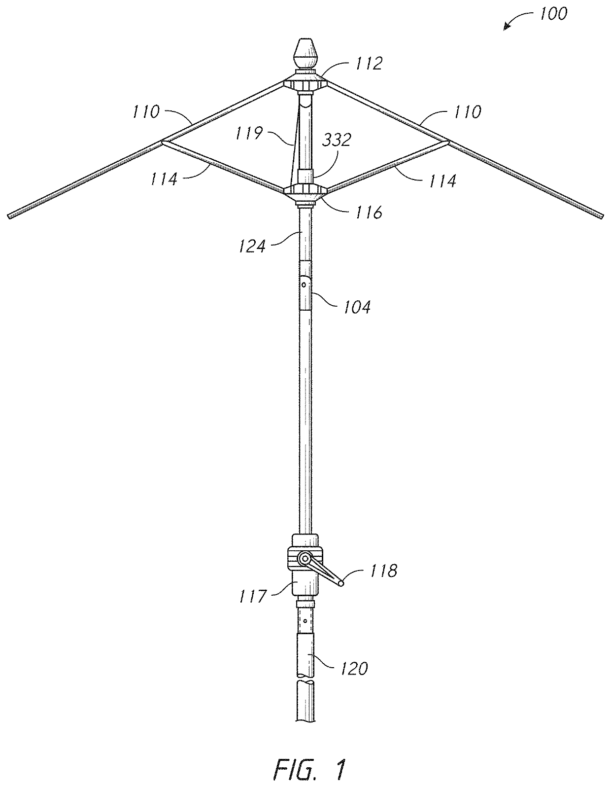 Tiltable umbrella with removable guide track