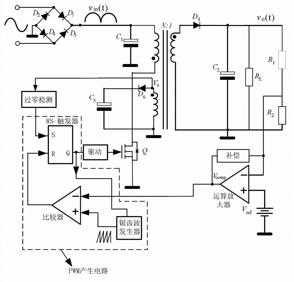 Control method and device for unit power factor flyback converter in critical continuous mode