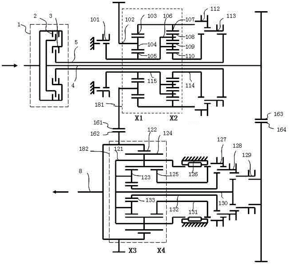 A multi-speed planetary gear type dual-clutch transmission