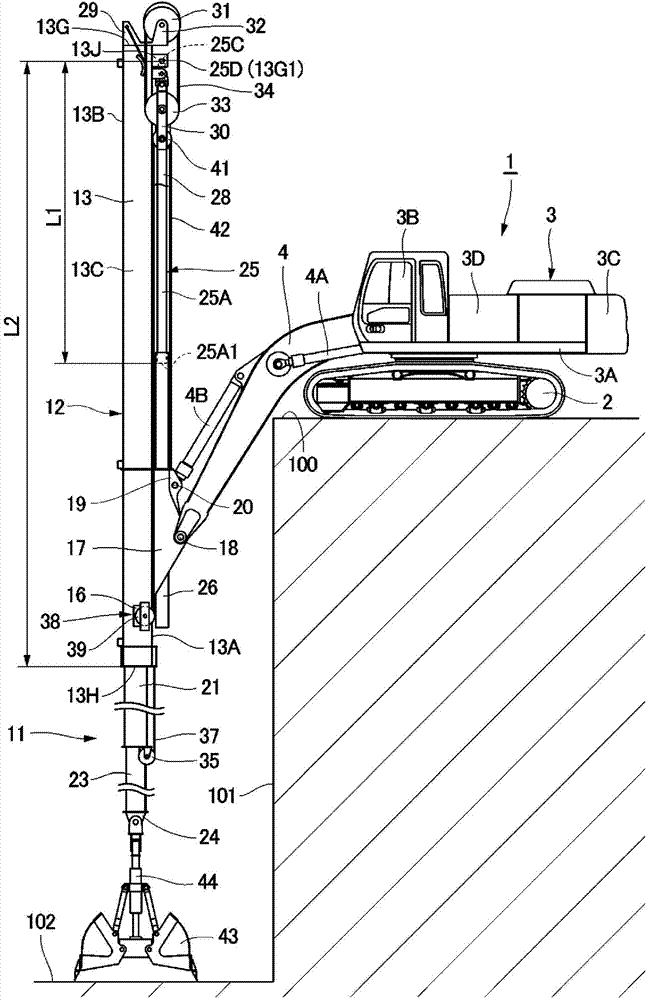 Multi-stage telescopic arm device and deep-digging excavator comprising multi-stage telescopic arm device