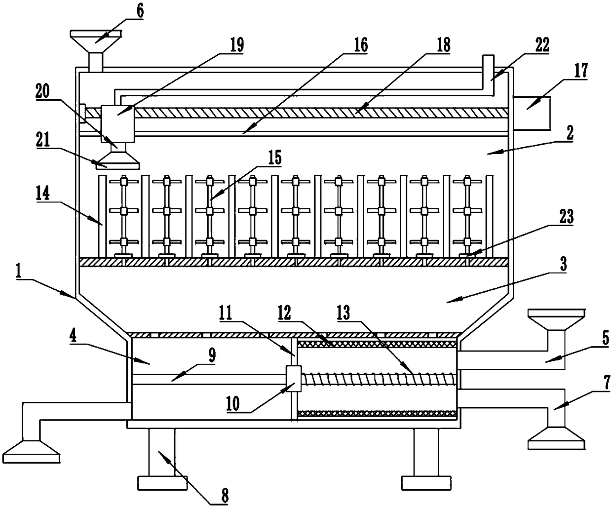 A flushing dust removal device with pressurized filtration and reciprocating ash discharge