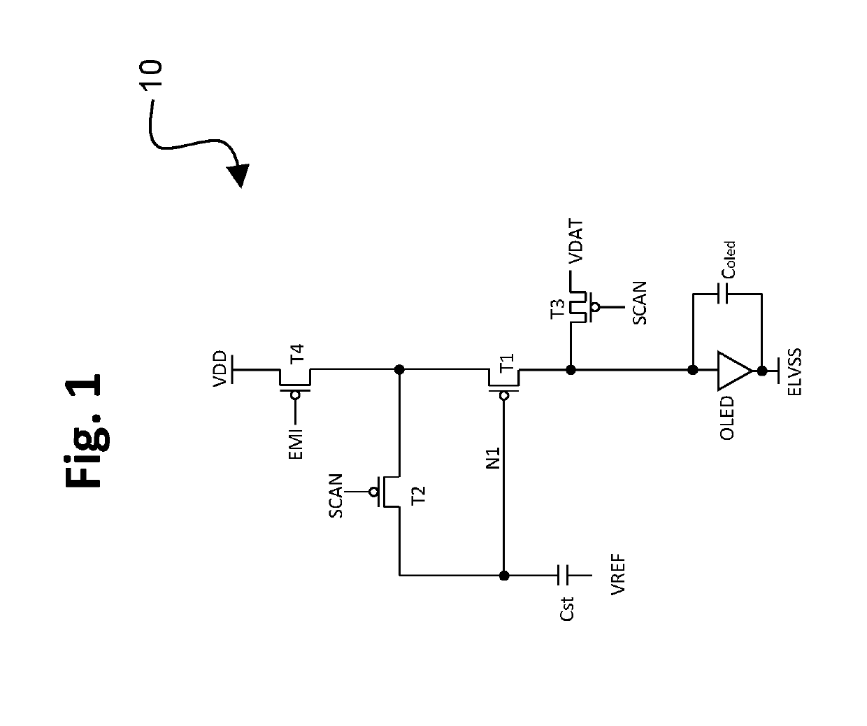 TFT pixel threshold voltage compensation circuit with data voltage applied at light-emitting device