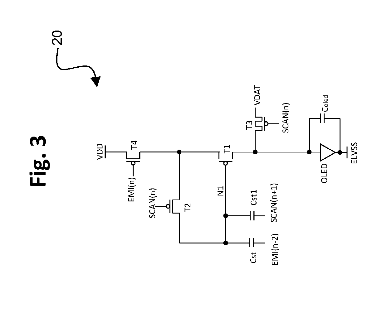 TFT pixel threshold voltage compensation circuit with data voltage applied at light-emitting device