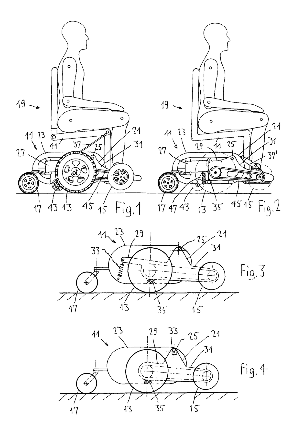 Vehicle with central wheel drive, in particular a wheelchair or stand-up wheelchair