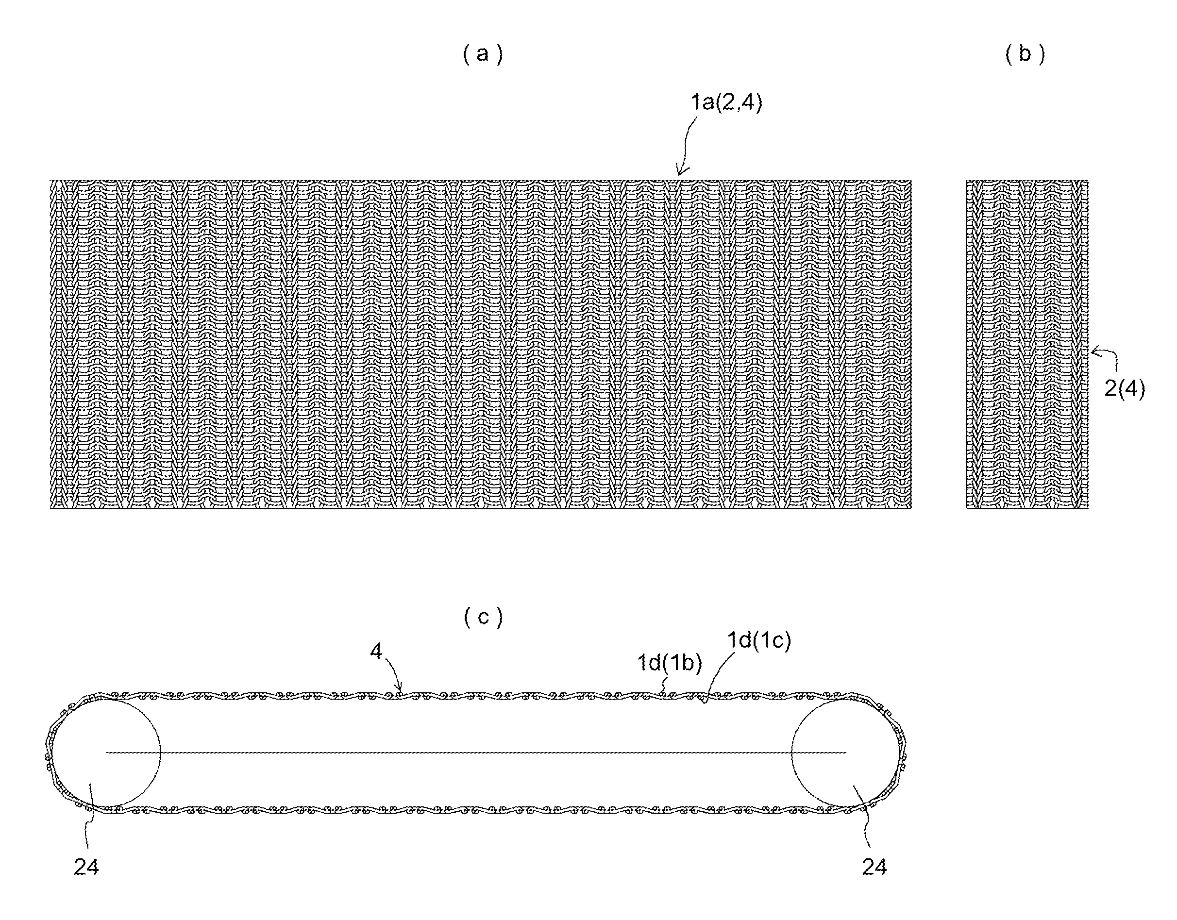 Conveyor belt and drive belt comprising knitted belt, and conveyor device using conveyor belt