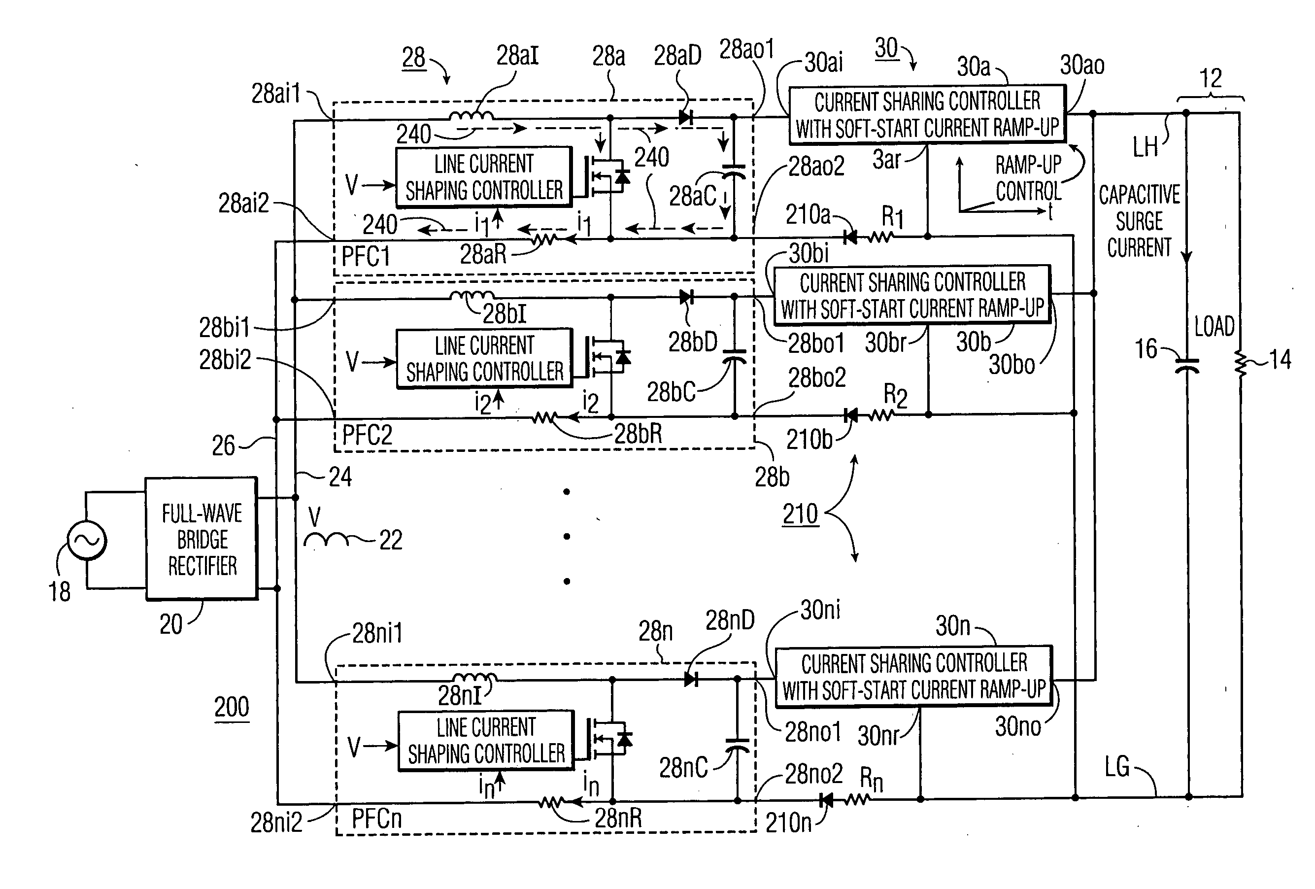 Surge current suppression in power-factor-corrected AC-to-DC converter with capacitive load