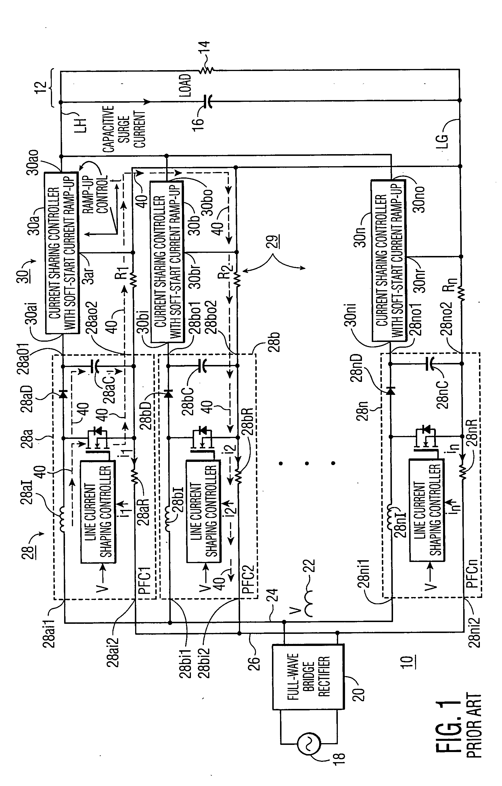 Surge current suppression in power-factor-corrected AC-to-DC converter with capacitive load