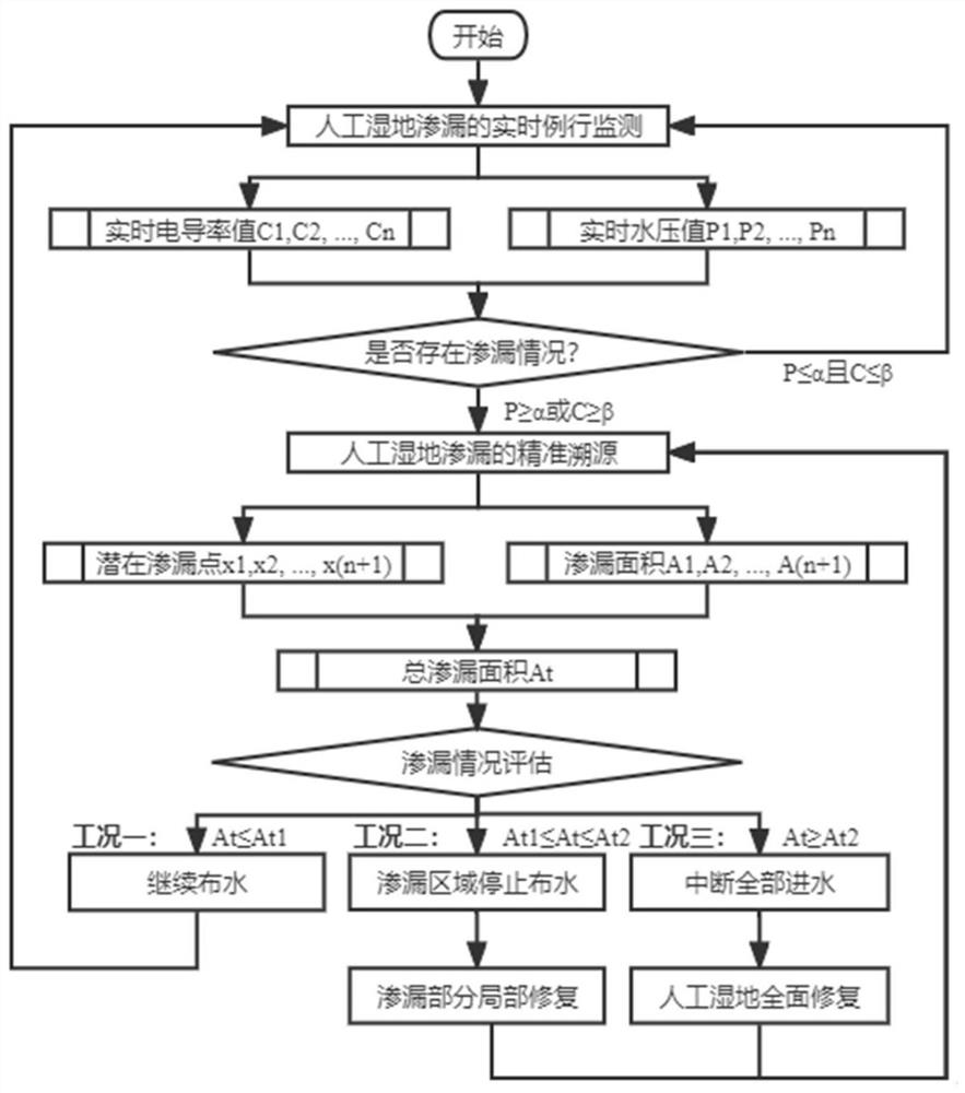 Real-time monitoring, accurate tracing and in-situ repairing system and method for artificial wetland leakage