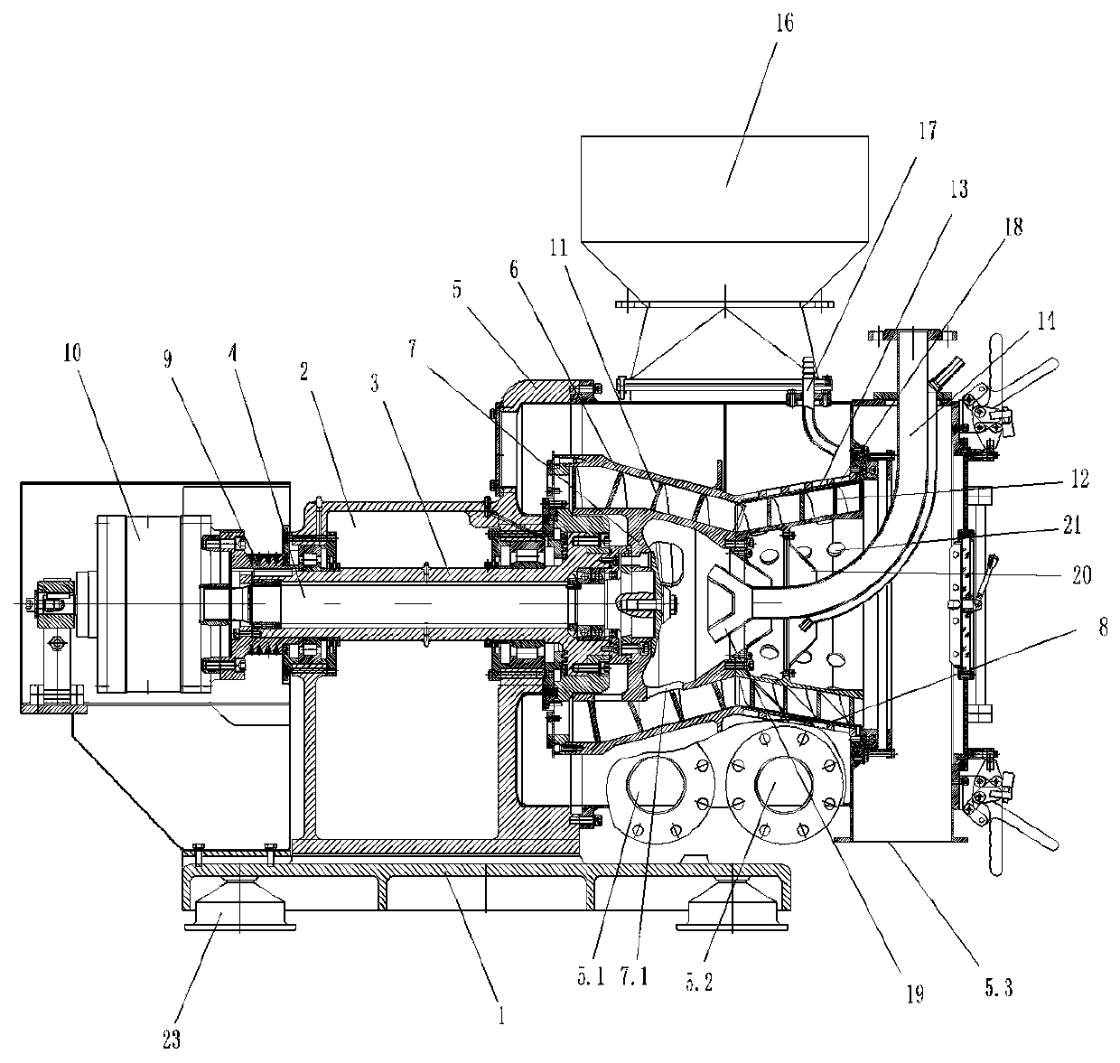 Rotating drum device for horizontal spiral filter centrifuge