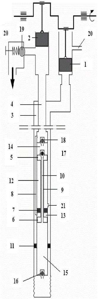 Pulsating pressure driving self-balancing piston pump drain device and technological method thereof