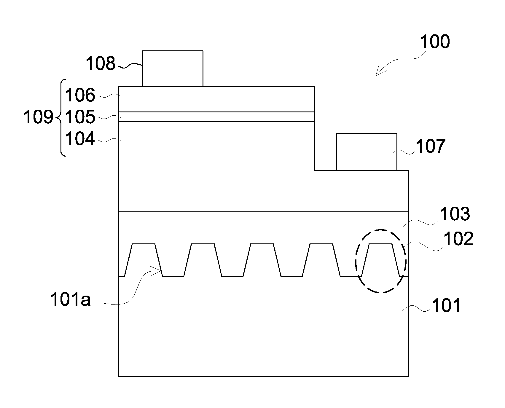 Light-emitting device having patterned substrate and method of manufacturing thereof