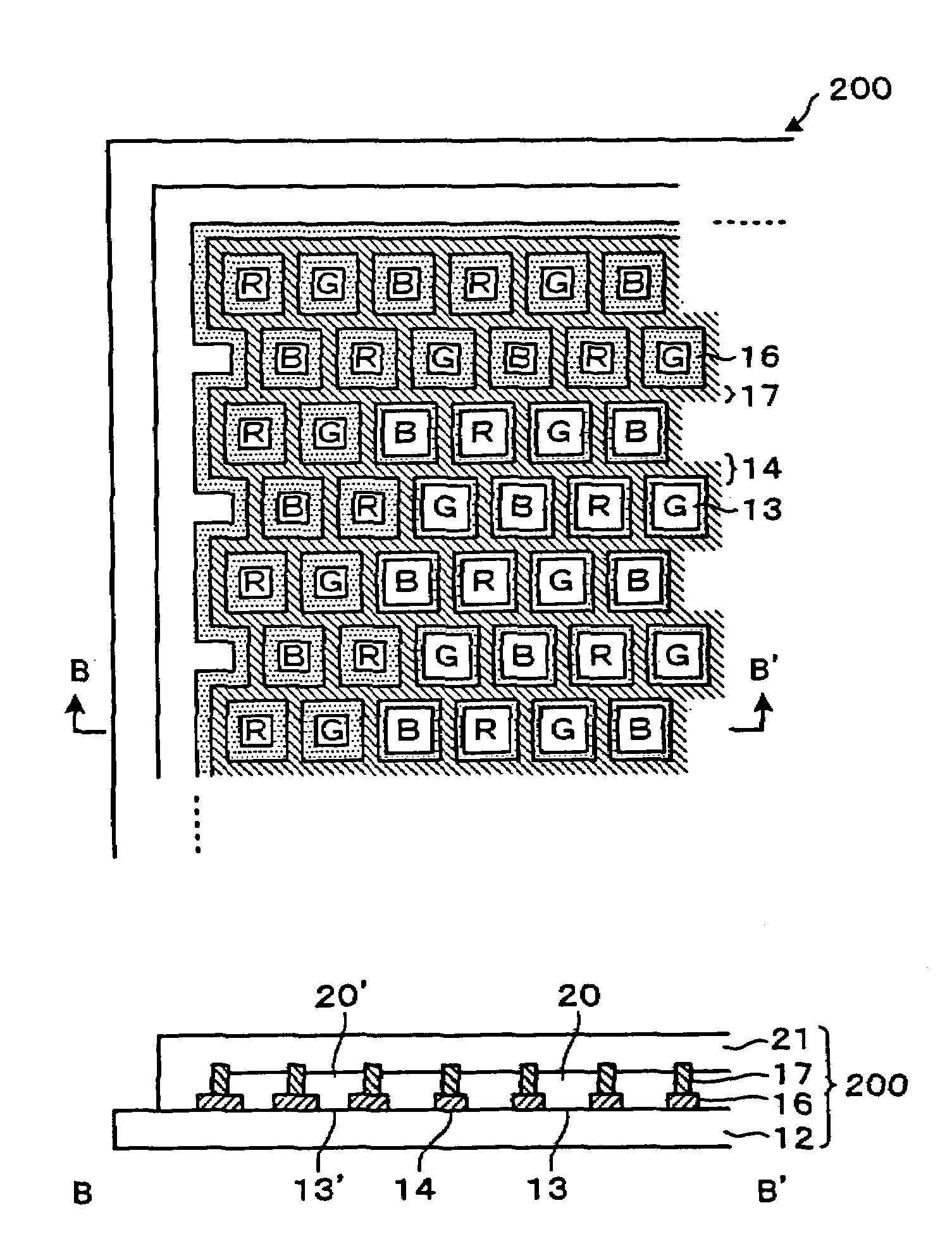 Electro-optical display having an arrangement of active and dummy coloring pixels performing as a color filter element