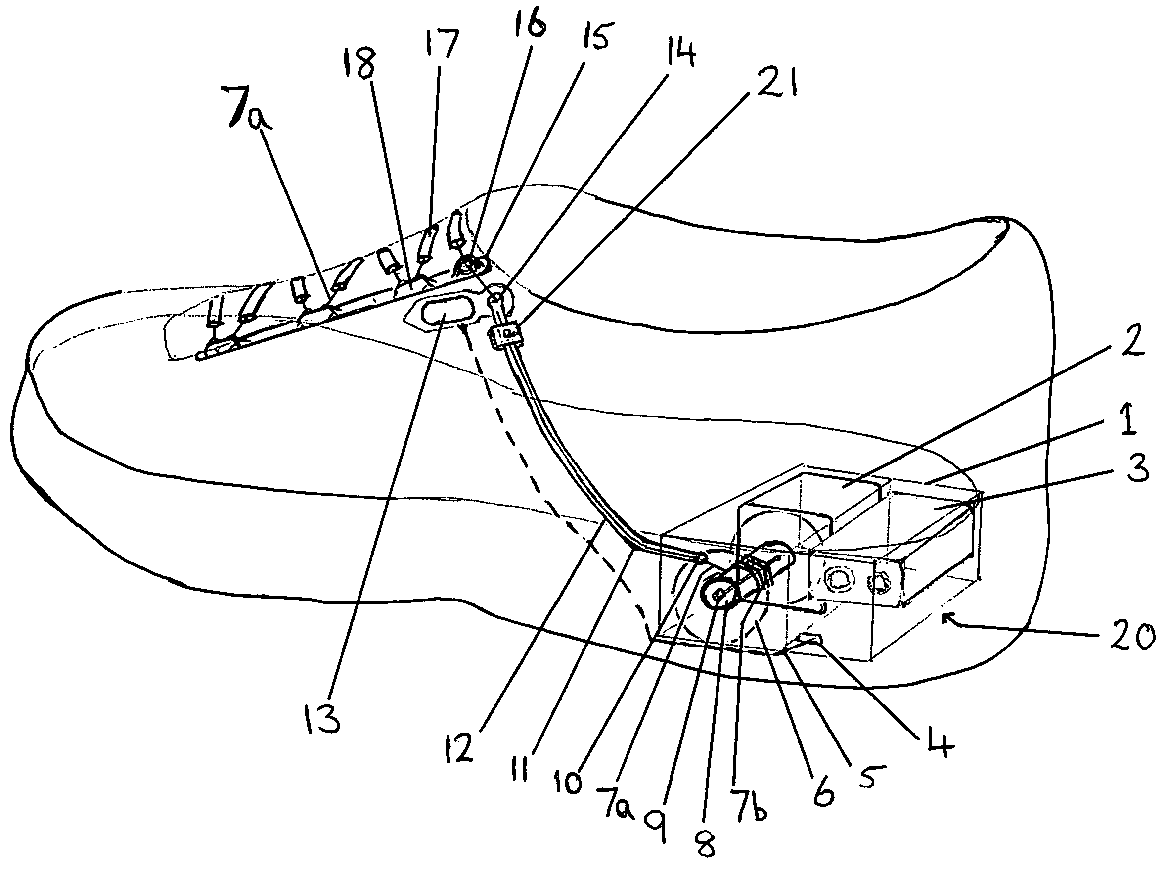 Powered shoe tightening with lace cord guiding system