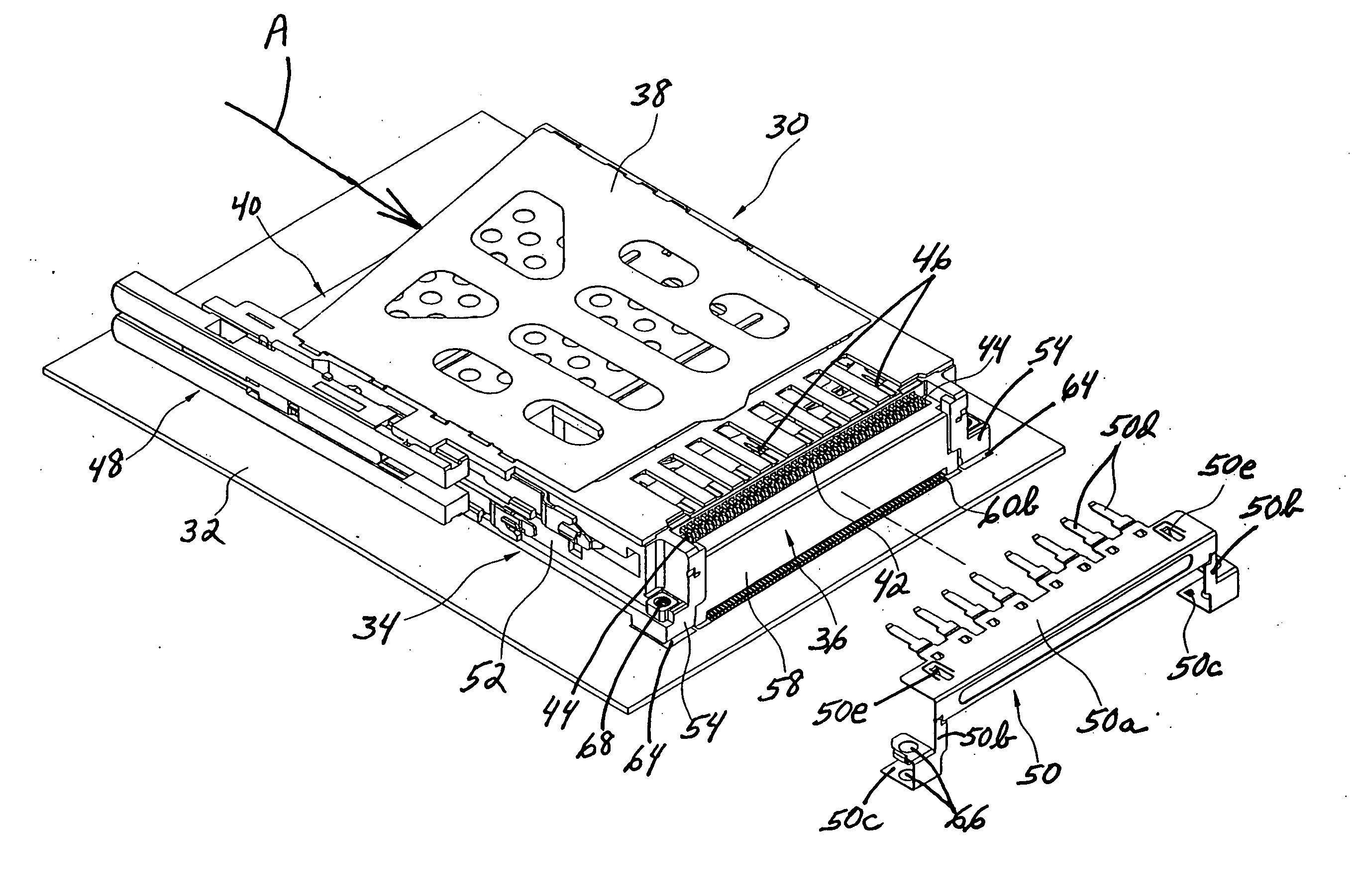 Board mounted memory card connector with EMI shield