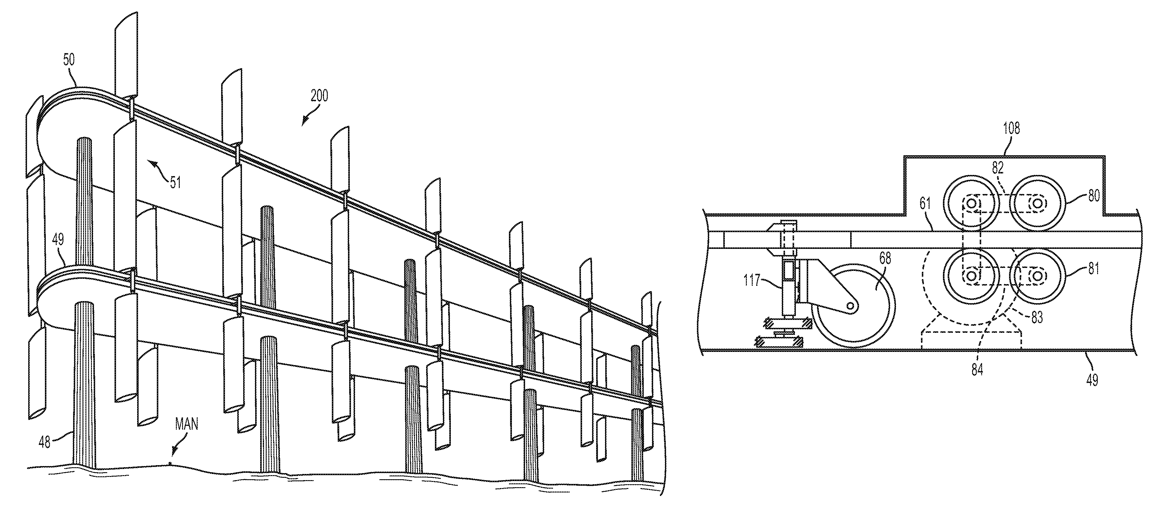 Wind and water power generation device using a tiered monorail system