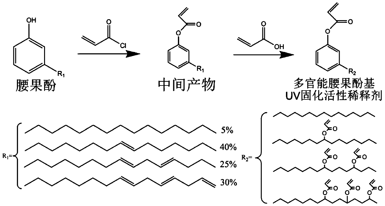 Multifunctional cardanol-based UV curing reactive diluent as well as preparation method and application thereof